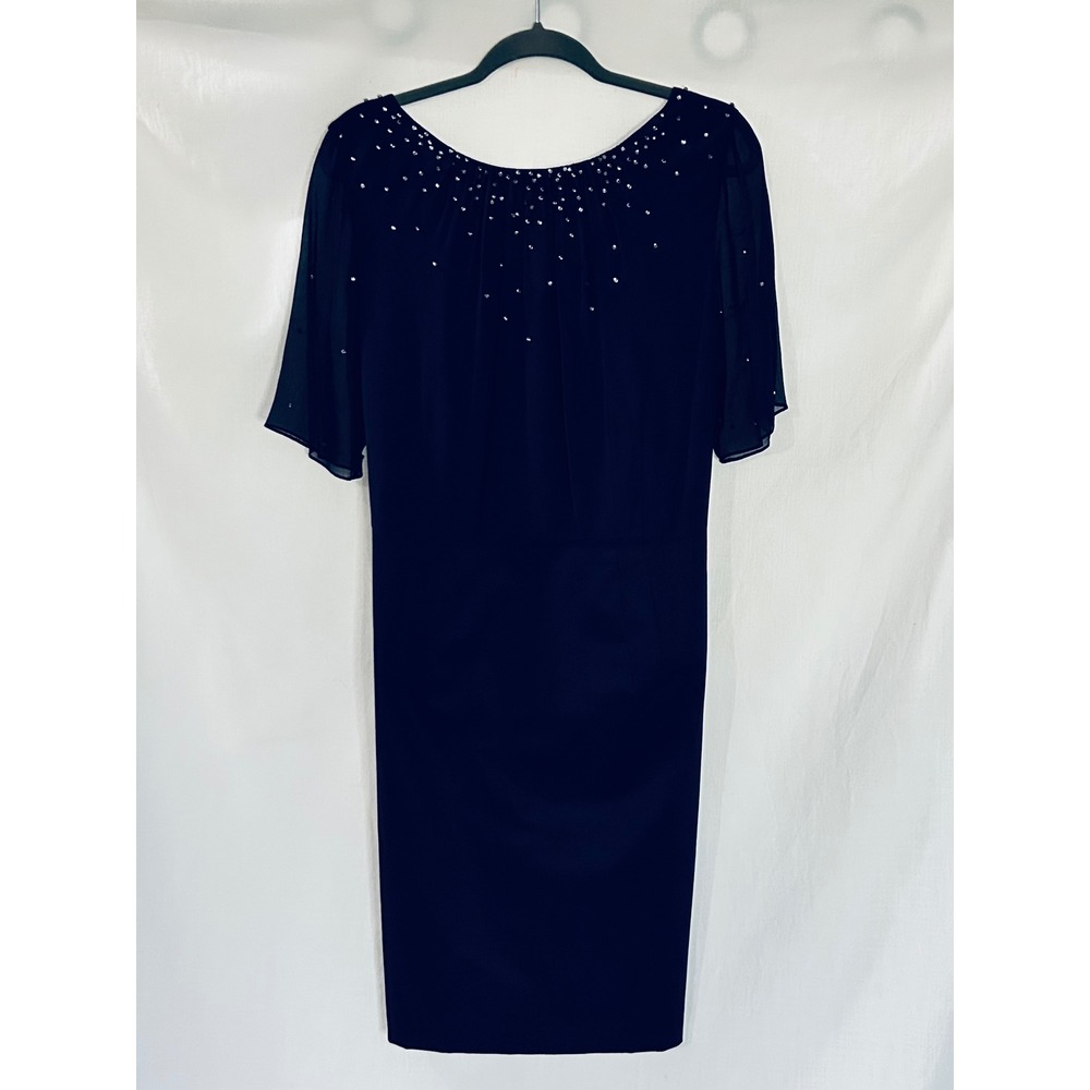 Black Rhinestone Sheath Dress Sheer Flutter Sleeve V-Back Cocktail Dress - Picture 2 of 10